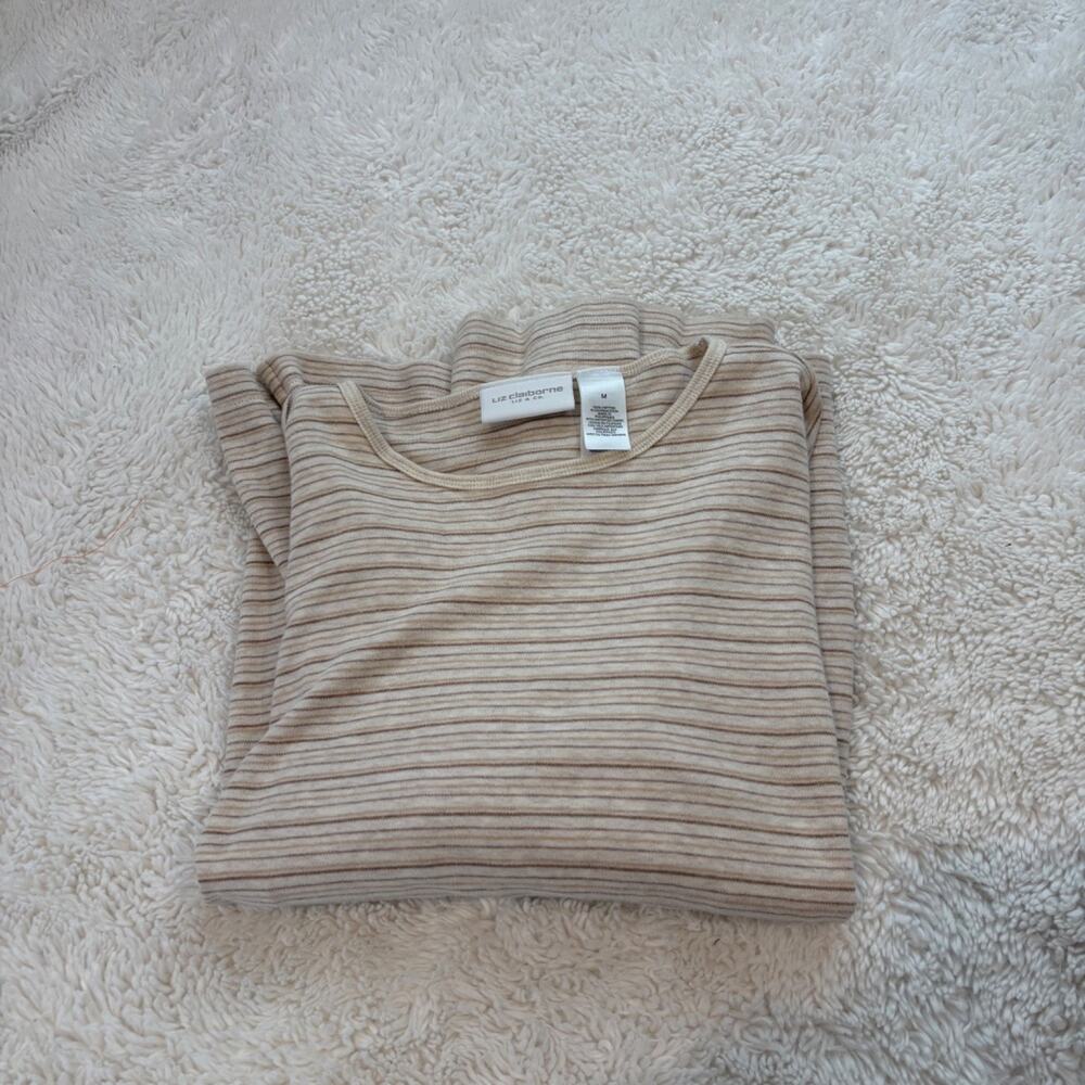 Liz Claiborne Womens Long Sleeve Biege Stripe Cotton M Basics Fall Casual Tomato
